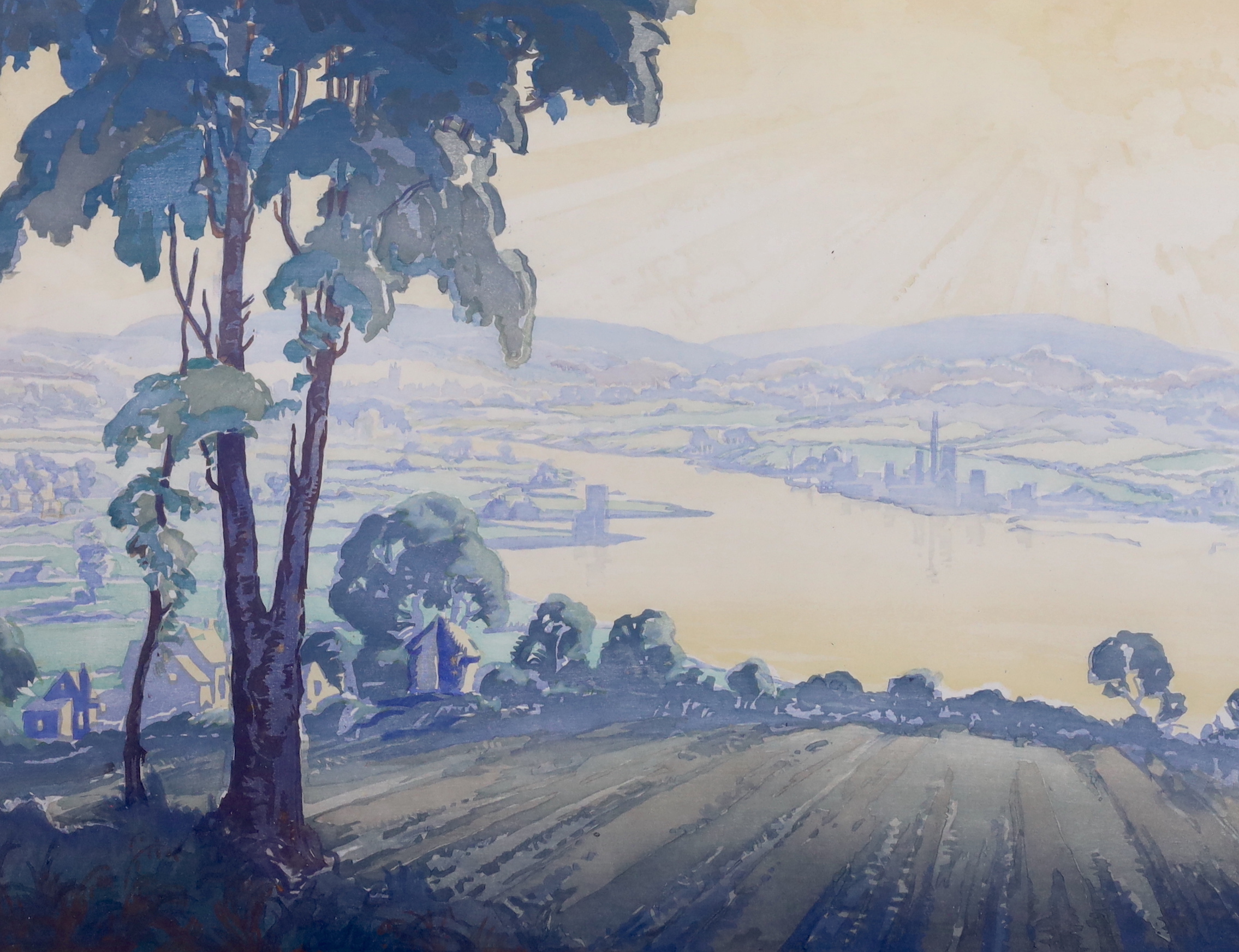 Pair of colour prints, Panoramic river landscape and Woodland, indistinctly signed in pencil possibly Cavendish Morton, 41 x 53cm